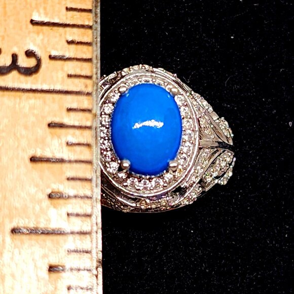 Ceruleite & Natural White Zircon halo ring in Rhodium over 925 SS 2.40ct size 6 - Picture 3 of 6